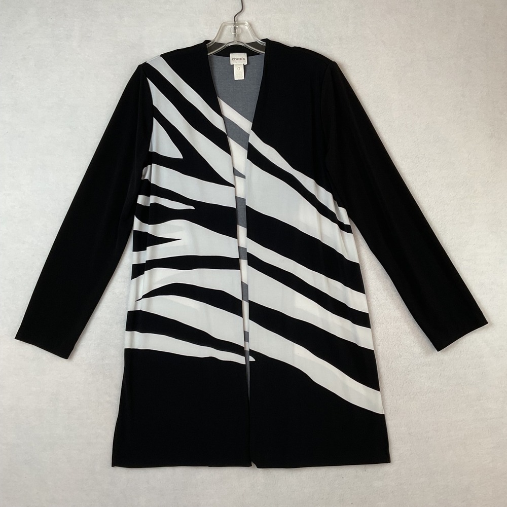 Chicos Size 0 Womens Small Black White Zebra Print Open Front Cardigan Jacket